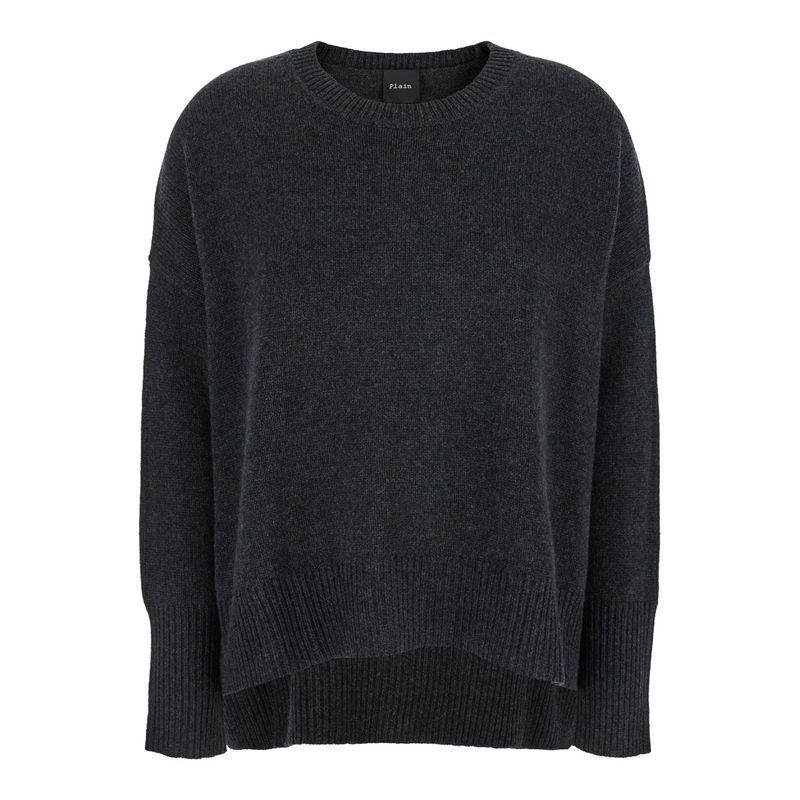 Plain Dark Grey Oversized Crewneck Sweater In Cashmere Woman